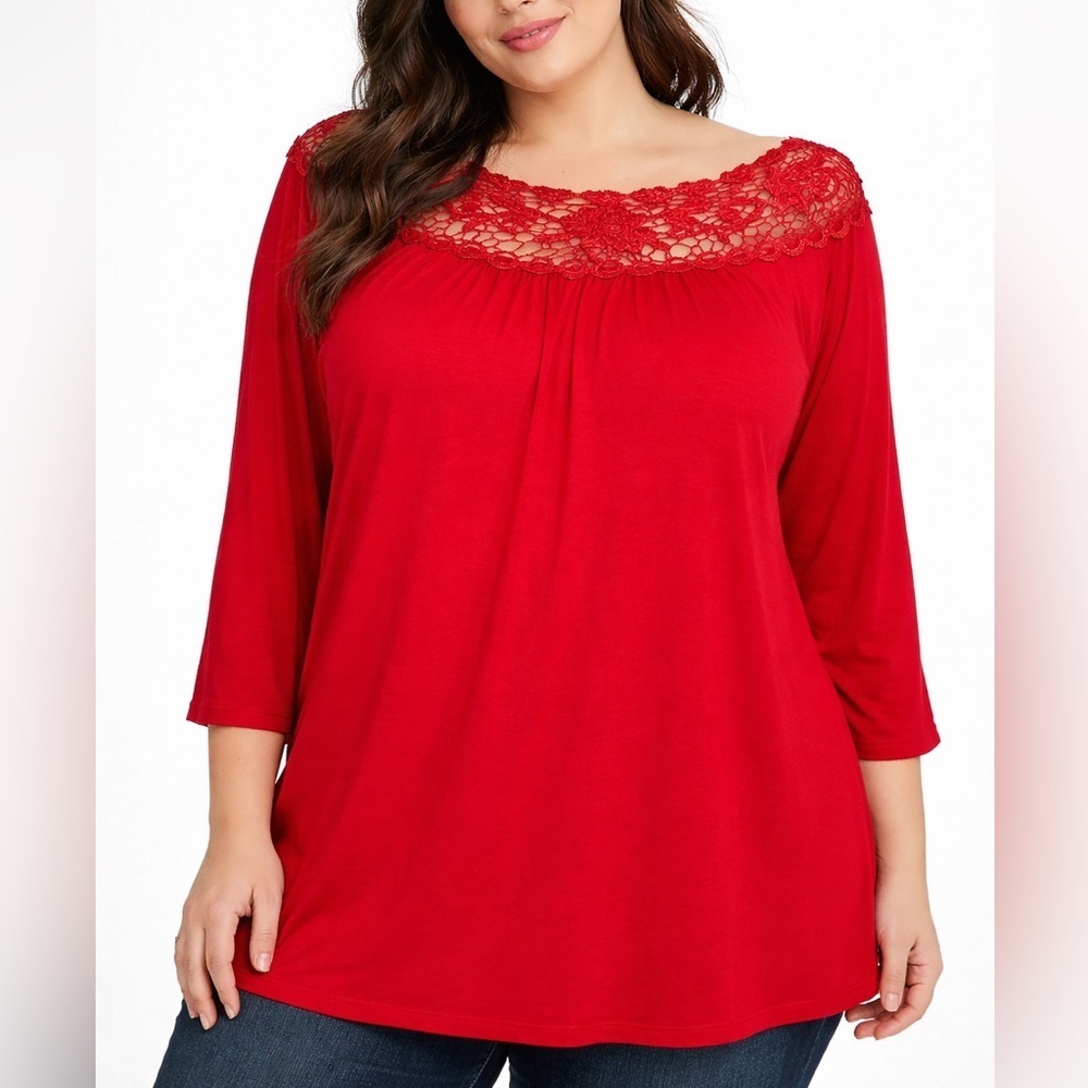 Araza Red Lace Yoke Top 3/4 Sleeve Flowy Plus Size Blouse (1164)